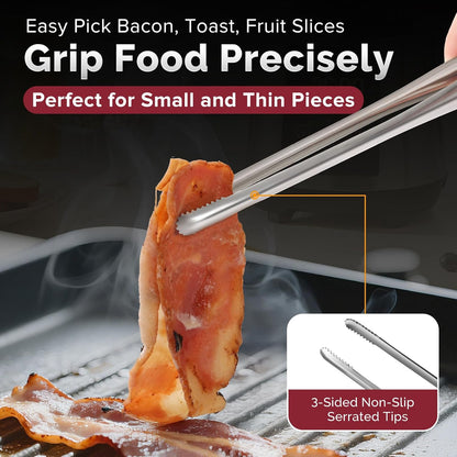 Precise Serrated Non-Slip Tips Cooking Tongs 2 Set (11.5" & 13.5") | Durable 18/8 Stainless Steel Metal Tweezers Tongs, Lightweight Easy Control for Frying, Plating, BBQ, Easy to Care & Clean