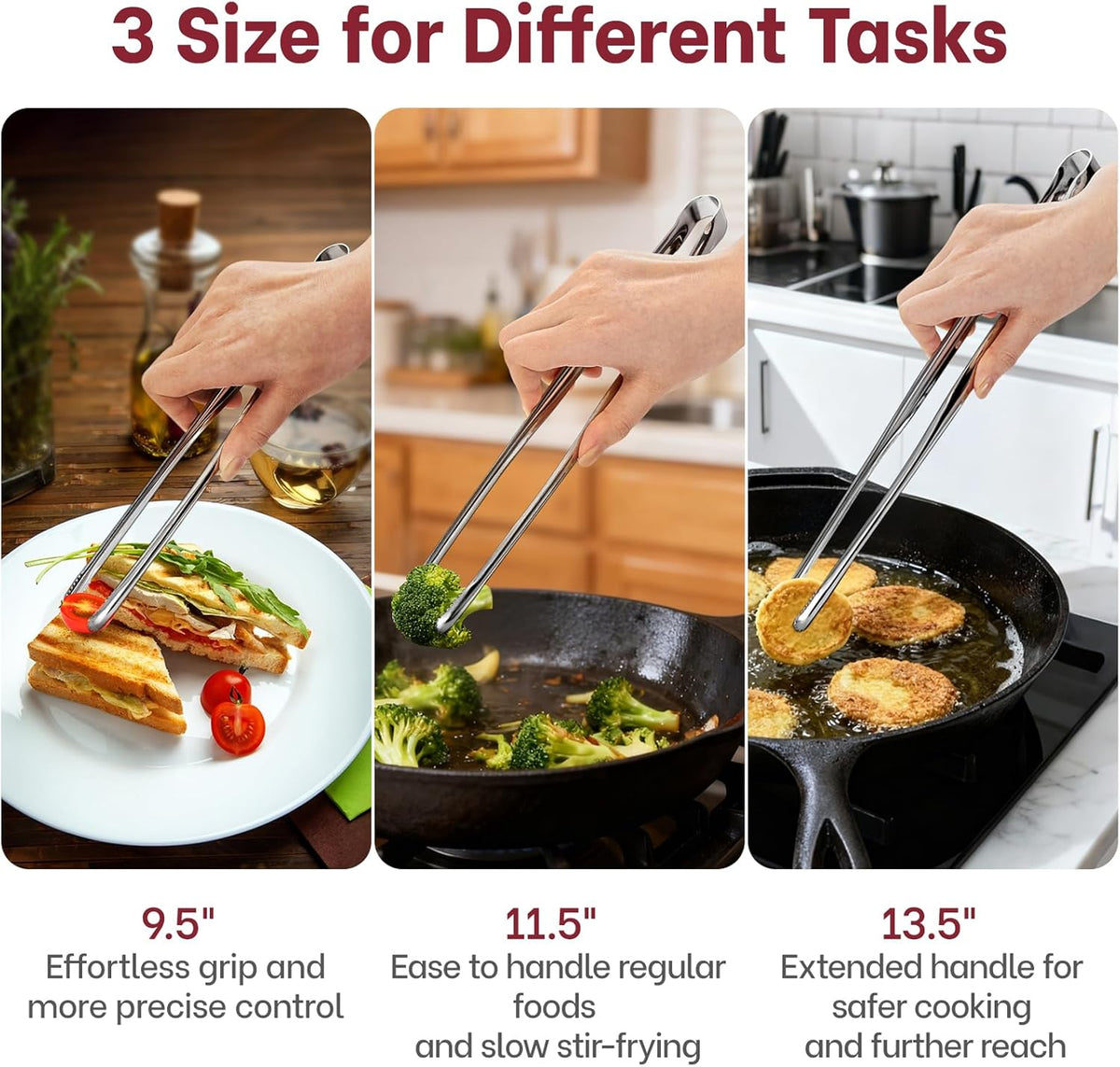Precise Serrated Non-Slip Tips Cooking Tongs 2 Set (11.5" & 13.5") | Durable 18/8 Stainless Steel Metal Tweezers Tongs, Lightweight Easy Control for Frying, Plating, BBQ, Easy to Care & Clean