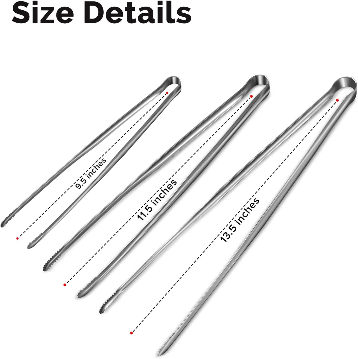 Precise Serrated Non-Slip Tips Cooking Tongs 2 Set (11.5" & 13.5") | Durable 18/8 Stainless Steel Metal Tweezers Tongs, Lightweight Easy Control for Frying, Plating, BBQ, Easy to Care & Clean