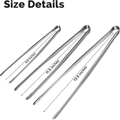 Precise Serrated Non-Slip Tips Cooking Tongs 2 Set (11.5" & 13.5") | Durable 18/8 Stainless Steel Metal Tweezers Tongs, Lightweight Easy Control for Frying, Plating, BBQ, Easy to Care & Clean