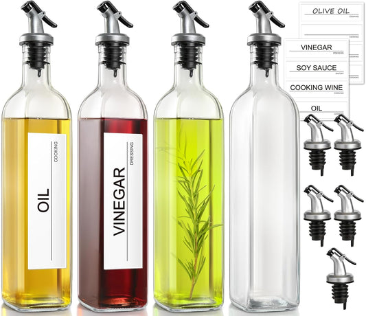 Olive Oil Dispenser for Kitchen, 4 Pack 17 fl oz Glass Oil Dispensers Bottle, Cooking Soy Sauce Bottle Container Cruet with Plastic Pourer Spout, Funnel and Labels, Clear