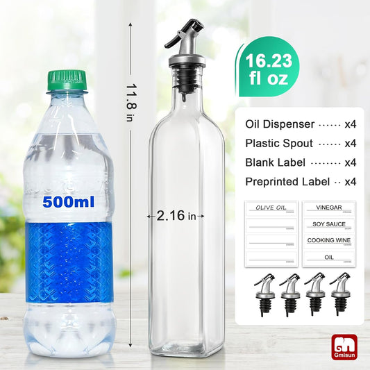 Olive Oil Dispenser for Kitchen, 4 Pack 17 fl oz Glass Oil Dispensers Bottle, Cooking Soy Sauce Bottle Container Cruet with Plastic Pourer Spout, Funnel and Labels, Clear