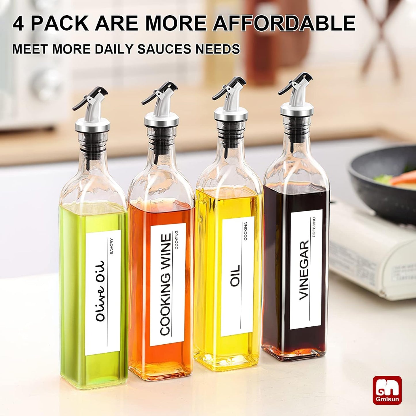 Olive Oil Dispenser for Kitchen, 4 Pack 17 fl oz Glass Oil Dispensers Bottle, Cooking Soy Sauce Bottle Container Cruet with Plastic Pourer Spout, Funnel and Labels, Clear