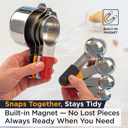 Deiss LUX Stainless Steel Measuring Cups and Spoons Set - Magnetic Measuring Spoons Set, 8-Piece Metal Measuring Cups, 4 Dry Measuring Cups, 4 Spoons, Color-Coded Handles, Dishwasher Safe