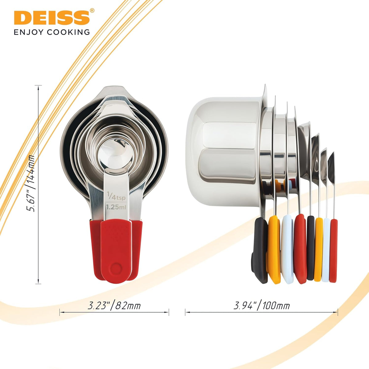 Deiss LUX Stainless Steel Measuring Cups and Spoons Set - Magnetic Measuring Spoons Set, 8-Piece Metal Measuring Cups, 4 Dry Measuring Cups, 4 Spoons, Color-Coded Handles, Dishwasher Safe