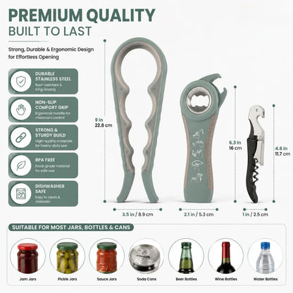 Opener | 5-in-1 Non-Slip Bottle Opener for Weak hands, Seniors with Arthritis and Anyone with Low Strength, featuring a leverage opener, a can opener, and a wine bottle opener