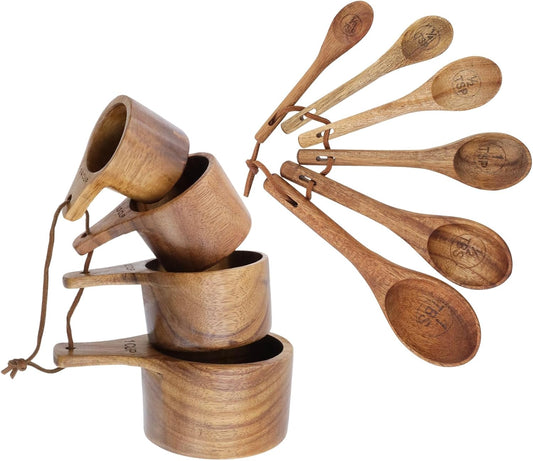 10pcs Wood Measuring Cups and Spoons Set, Kitchen Utensils, 10 Size | Handcrafted Natural Wood Tablespoon, Wooden Measuring Cups and Spoons Set, for Dry Ingredients, Cooking, Baking