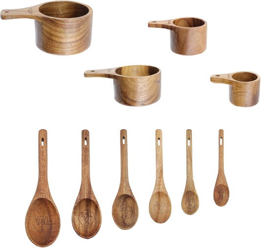 10pcs Wood Measuring Cups and Spoons Set, Kitchen Utensils, 10 Size | Handcrafted Natural Wood Tablespoon, Wooden Measuring Cups and Spoons Set, for Dry Ingredients, Cooking, Baking