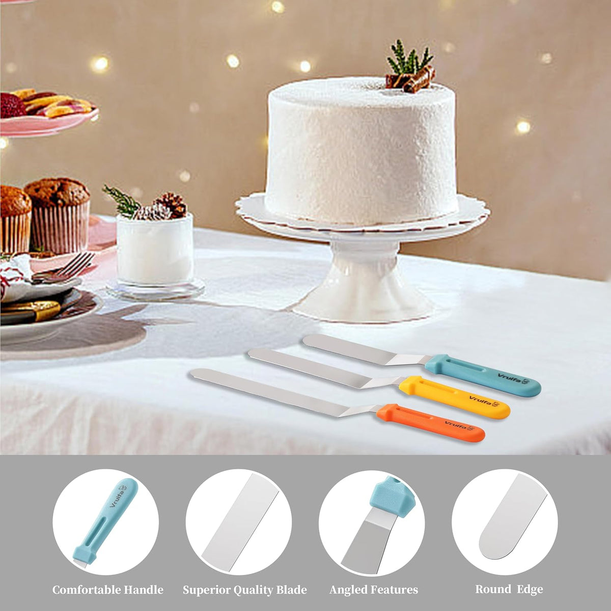 Offset Spatulas, Icing Spatula for Cake Decorating and Frosting, 6",8",10" | Ergonomic PP Handle, Dishwasher Safe