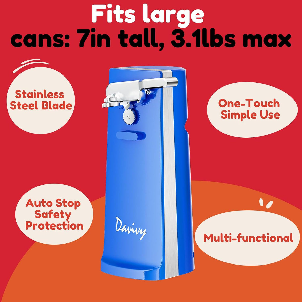 Electric Can Opener - One-Touch Hands-Free Operation,Removable Stainless Steel Cutter, 3-in-1 Design with Knife Sharpener&Bottle Opener(Blue)