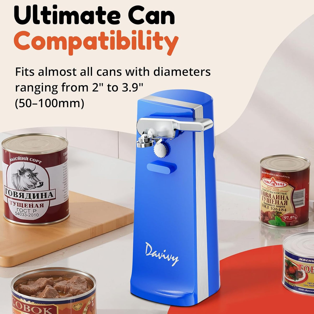 Electric Can Opener - One-Touch Hands-Free Operation,Removable Stainless Steel Cutter, 3-in-1 Design with Knife Sharpener&Bottle Opener(Blue)