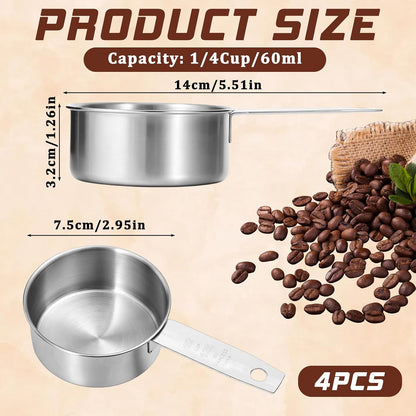 4 Pcs 1/4 Cup Measuring Cup, 60 ml Stainless Steel Measuring Cups Inner Scale Metal Liquid Measure Scoop 2 oz Cups for Coffee, Cooking, Baking, Kitchen Wet and Dry Ingredients, Dishwasher Safe