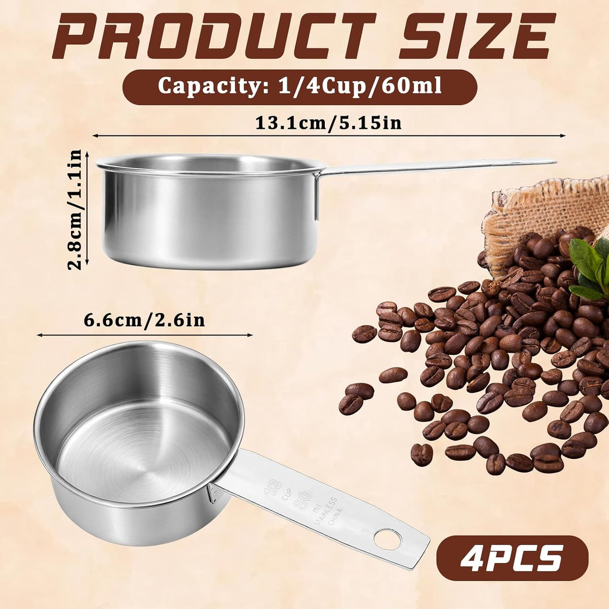 4 Pcs 1/4 Cup Measuring Cup, 60 ml Stainless Steel Measuring Cups Inner Scale Metal Liquid Measure Scoop 2 oz Cups for Coffee, Cooking, Baking, Kitchen Wet and Dry Ingredients, Dishwasher Safe