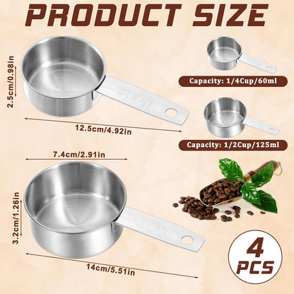 4 Pcs 1/4 Cup Measuring Cup, 60 ml Stainless Steel Measuring Cups Inner Scale Metal Liquid Measure Scoop 2 oz Cups for Coffee, Cooking, Baking, Kitchen Wet and Dry Ingredients, Dishwasher Safe