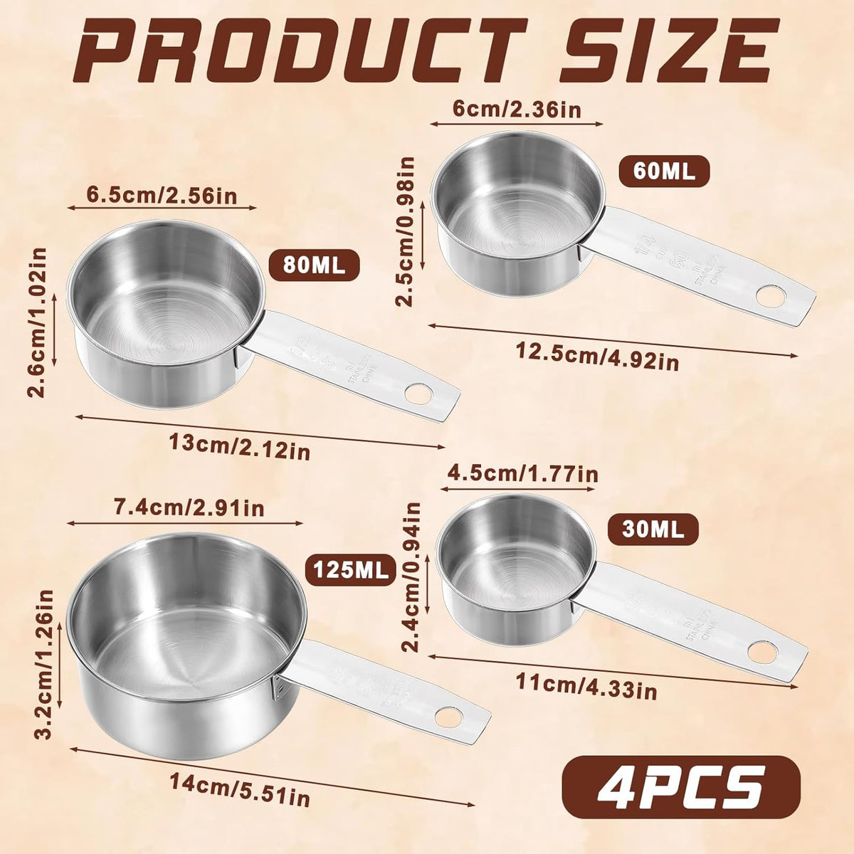 4 Pcs 1/4 Cup Measuring Cup, 60 ml Stainless Steel Measuring Cups Inner Scale Metal Liquid Measure Scoop 2 oz Cups for Coffee, Cooking, Baking, Kitchen Wet and Dry Ingredients, Dishwasher Safe