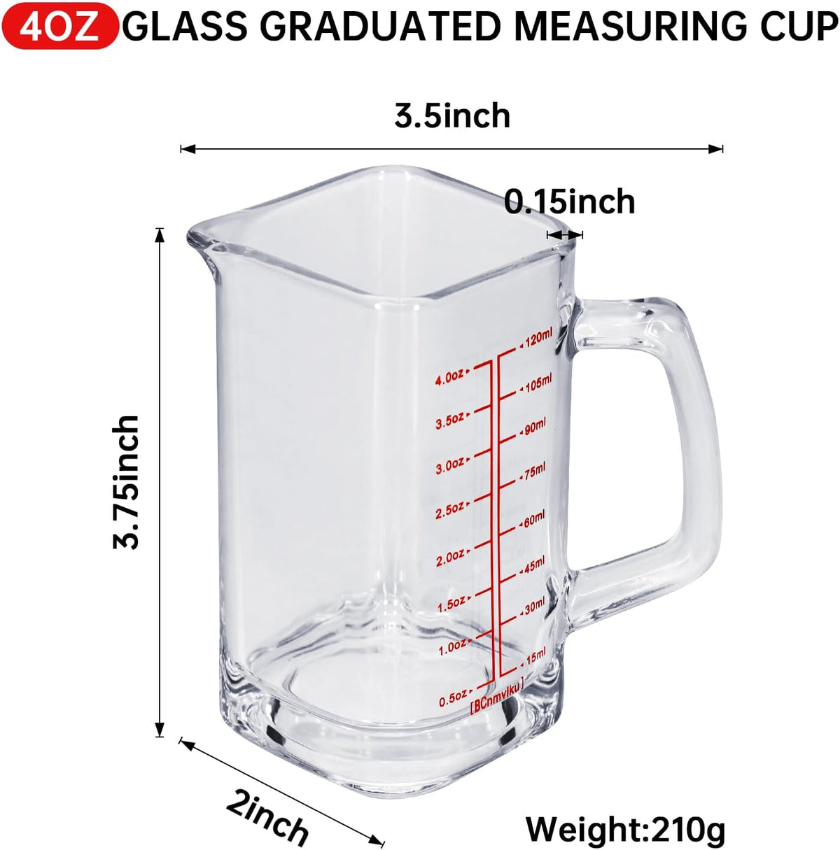 1Pc Shot Glass Measuring Cup, 4 OZ Espresso Shot Cups with Handle and V-Shaped Spout, Small Glass Measuring Cup with Thick Bottom for Baking Cocktail and Coffee (1, Red)