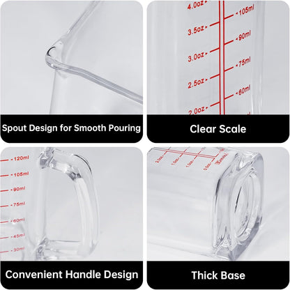 1Pc Shot Glass Measuring Cup, 4 OZ Espresso Shot Cups with Handle and V-Shaped Spout, Small Glass Measuring Cup with Thick Bottom for Baking Cocktail and Coffee (1, Red)