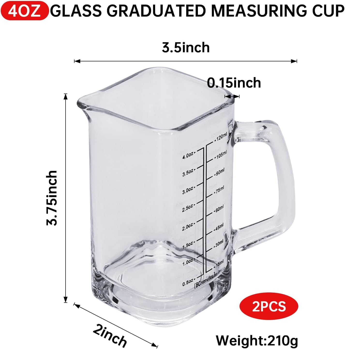 1Pc Shot Glass Measuring Cup, 4 OZ Espresso Shot Cups with Handle and V-Shaped Spout, Small Glass Measuring Cup with Thick Bottom for Baking Cocktail and Coffee (1, Red)