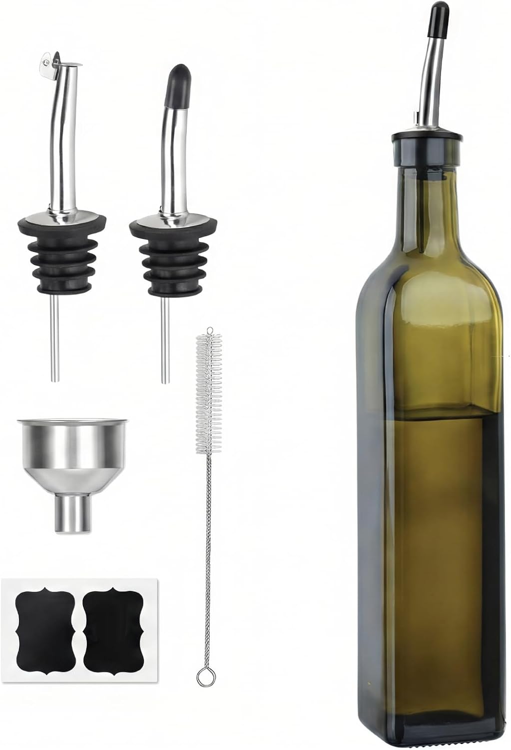 Olive Oil Dispenser Bottle, 1 Pcs Green Glass Oil and Vinegar Dispenser Set with 2 Stainless Steel Pourers, 2 Labels,1 Brush and 1 Funnel Oil Bottles for Kitchen（17oz/500ml）