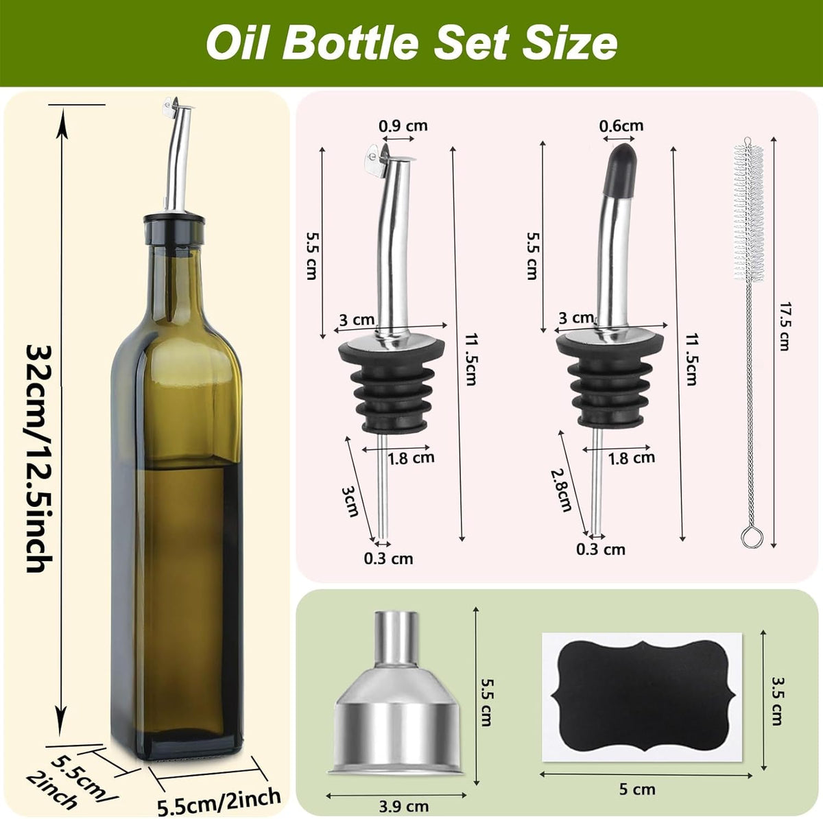 Olive Oil Dispenser Bottle, 1 Pcs Green Glass Oil and Vinegar Dispenser Set with 2 Stainless Steel Pourers, 2 Labels,1 Brush and 1 Funnel Oil Bottles for Kitchen（17oz/500ml）