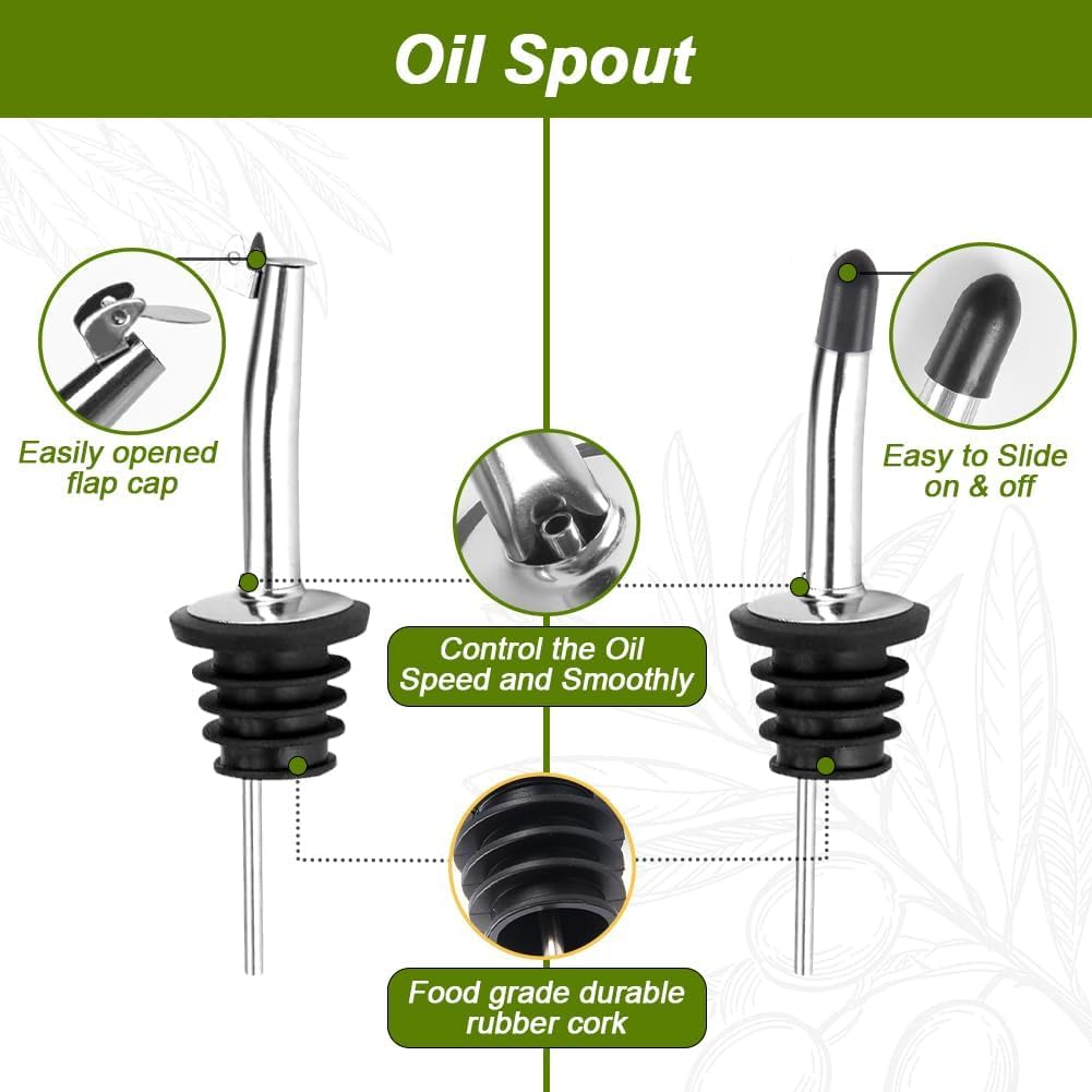 Olive Oil Dispenser Bottle, 1 Pcs Green Glass Oil and Vinegar Dispenser Set with 2 Stainless Steel Pourers, 2 Labels,1 Brush and 1 Funnel Oil Bottles for Kitchen（17oz/500ml）