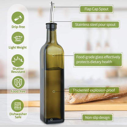 Olive Oil Dispenser Bottle, 1 Pcs Green Glass Oil and Vinegar Dispenser Set with 2 Stainless Steel Pourers, 2 Labels,1 Brush and 1 Funnel Oil Bottles for Kitchen（17oz/500ml）