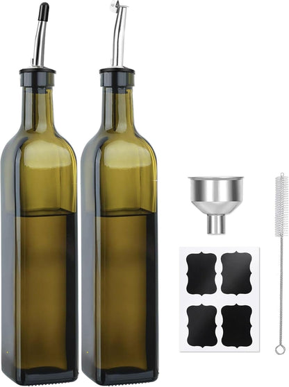 Olive Oil Dispenser Bottle, 1 Pcs Green Glass Oil and Vinegar Dispenser Set with 2 Stainless Steel Pourers, 2 Labels,1 Brush and 1 Funnel Oil Bottles for Kitchen（17oz/500ml）