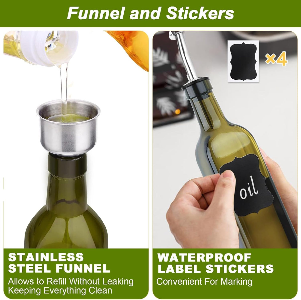 Olive Oil Dispenser Bottle, 1 Pcs Green Glass Oil and Vinegar Dispenser Set with 2 Stainless Steel Pourers, 2 Labels,1 Brush and 1 Funnel Oil Bottles for Kitchen（17oz/500ml）