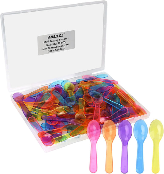 AMEILOZ 3" Mini Tasting Spoons Colored Disposables Small Taster Spoon, Tiny Dessert Spoon Assorted Ice Cream Spoons Multi-Color (1 Pack of 50 PCS)