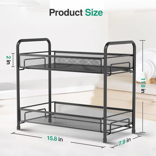 Spice Rack Organizer for Countertop, 2-Tier Foldable Metal Rust-Proof Standing Large Seasoning Storage Shelf with Guardrail and Mesh Design for Kitchen Cabinet Bathroom Living Room Pantry, Black