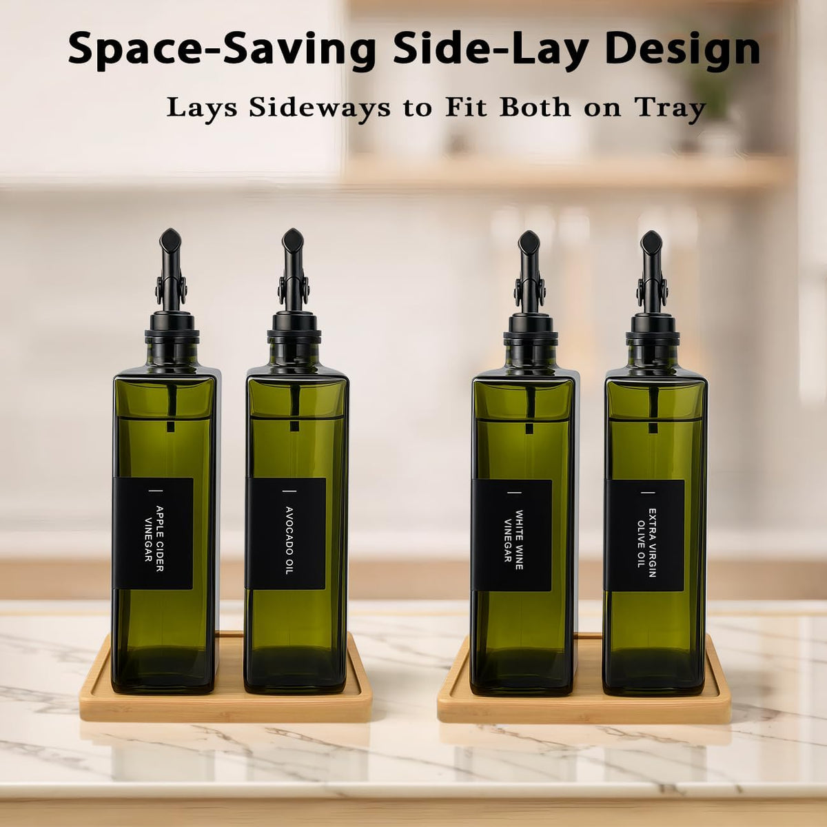 Olive Oil Dispenser Bottle for Kitchen with Bamboo Tray- 16.9oz Glass Oil and Vinegar Dispenser Set, Soy Sauce & Syrup Bottle, Modern Hostess Gift (Green, Set of 2)
