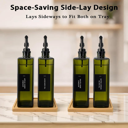 Olive Oil Dispenser Bottle for Kitchen with Bamboo Tray- 16.9oz Glass Oil and Vinegar Dispenser Set, Soy Sauce & Syrup Bottle, Modern Hostess Gift (Green, Set of 2)