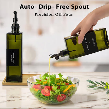 Olive Oil Dispenser Bottle for Kitchen with Bamboo Tray- 16.9oz Glass Oil and Vinegar Dispenser Set, Soy Sauce & Syrup Bottle, Modern Hostess Gift (Green, Set of 2)