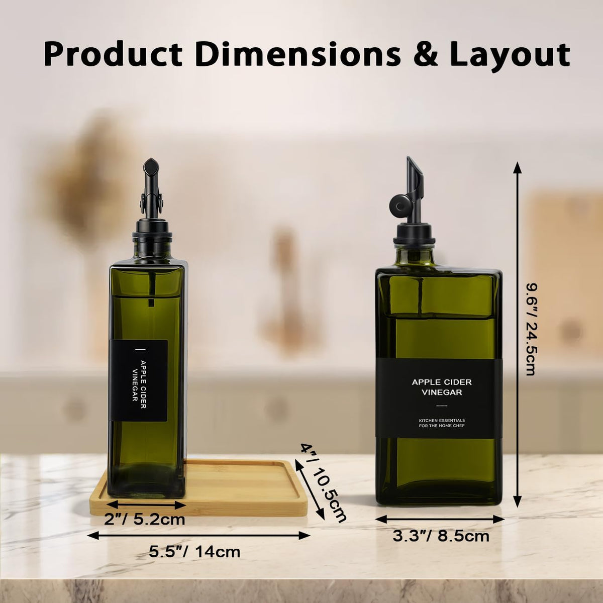 Olive Oil Dispenser Bottle for Kitchen with Bamboo Tray- 16.9oz Glass Oil and Vinegar Dispenser Set, Soy Sauce & Syrup Bottle, Modern Hostess Gift (Green, Set of 2)