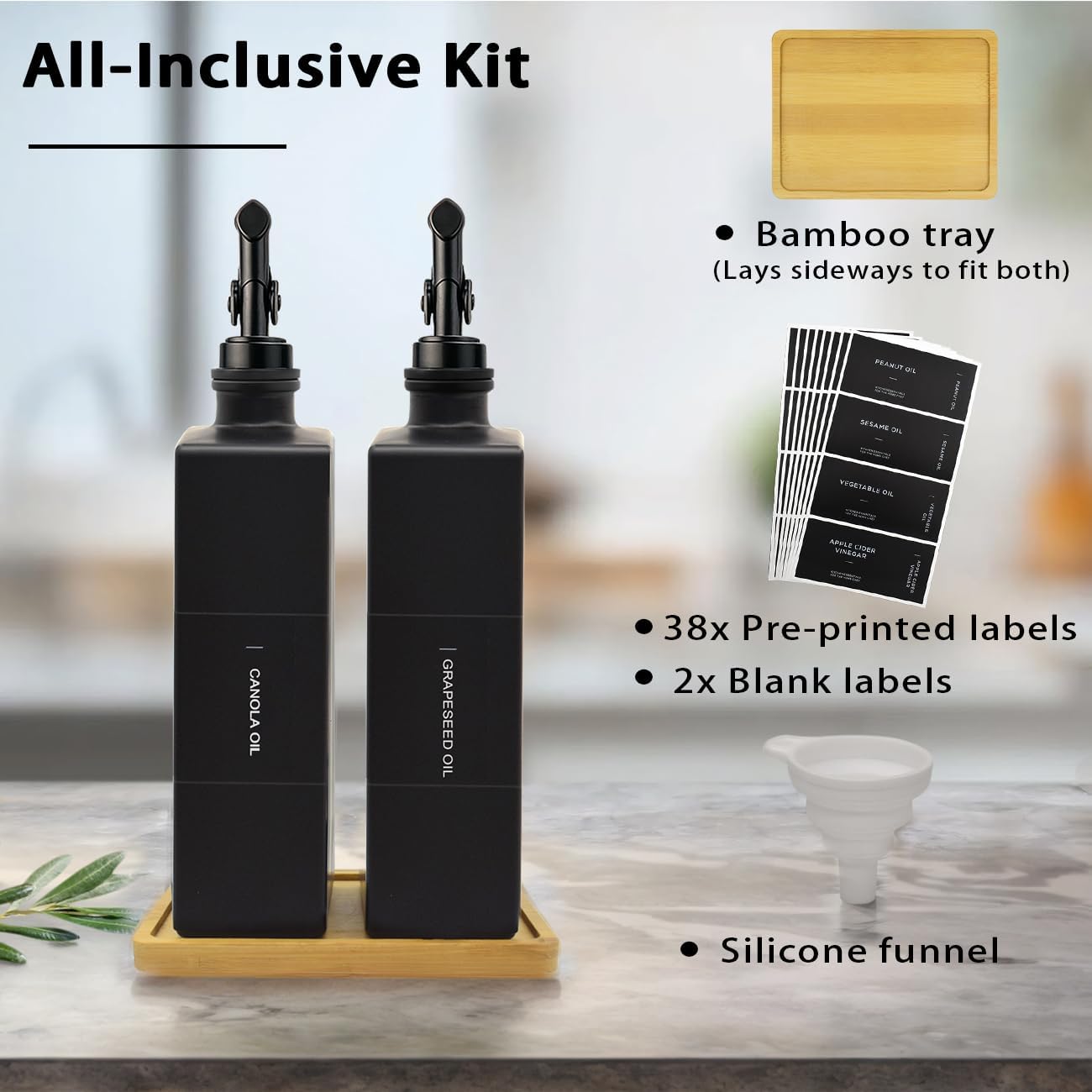 Olive Oil Dispenser Bottle for Kitchen with Bamboo Tray- 16.9oz Glass Oil and Vinegar Dispenser Set, Soy Sauce & Syrup Bottle, Modern Hostess Gift (Green, Set of 2)