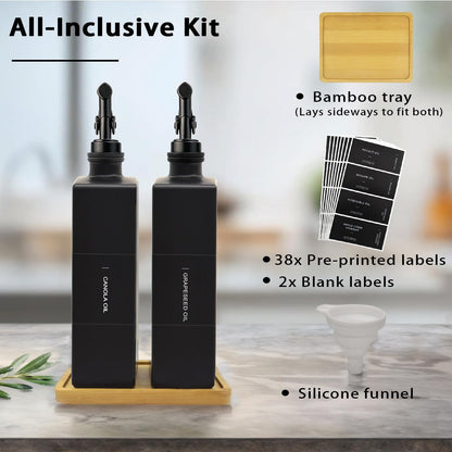 Olive Oil Dispenser Bottle for Kitchen with Bamboo Tray- 16.9oz Glass Oil and Vinegar Dispenser Set, Soy Sauce & Syrup Bottle, Modern Hostess Gift (Green, Set of 2)