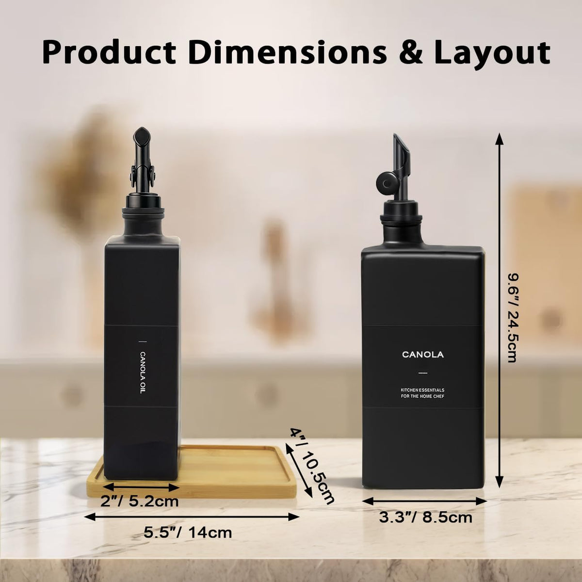 Olive Oil Dispenser Bottle for Kitchen with Bamboo Tray- 16.9oz Glass Oil and Vinegar Dispenser Set, Soy Sauce & Syrup Bottle, Modern Hostess Gift (Green, Set of 2)