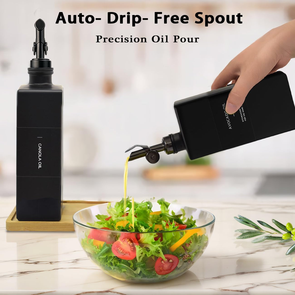 Olive Oil Dispenser Bottle for Kitchen with Bamboo Tray- 16.9oz Glass Oil and Vinegar Dispenser Set, Soy Sauce & Syrup Bottle, Modern Hostess Gift (Green, Set of 2)