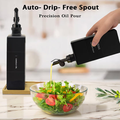Olive Oil Dispenser Bottle for Kitchen with Bamboo Tray- 16.9oz Glass Oil and Vinegar Dispenser Set, Soy Sauce & Syrup Bottle, Modern Hostess Gift (Green, Set of 2)