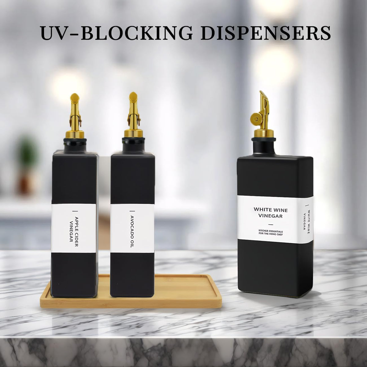 Olive Oil Dispenser Bottle for Kitchen with Bamboo Tray- 16.9oz Glass Oil and Vinegar Dispenser Set, Soy Sauce & Syrup Bottle, Modern Hostess Gift (Green, Set of 2)