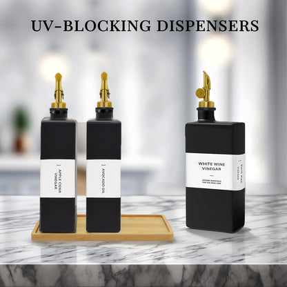 Olive Oil Dispenser Bottle for Kitchen with Bamboo Tray- 16.9oz Glass Oil and Vinegar Dispenser Set, Soy Sauce & Syrup Bottle, Modern Hostess Gift (Green, Set of 2)