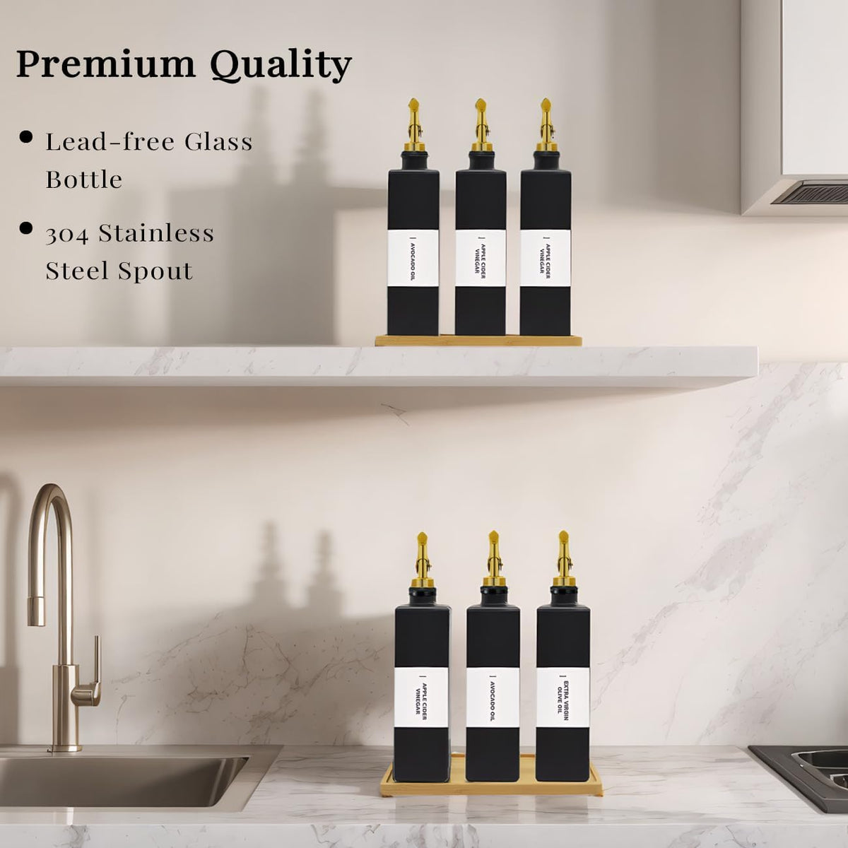 Olive Oil Dispenser Bottle for Kitchen with Bamboo Tray- 16.9oz Glass Oil and Vinegar Dispenser Set, Soy Sauce & Syrup Bottle, Modern Hostess Gift (Green, Set of 2)