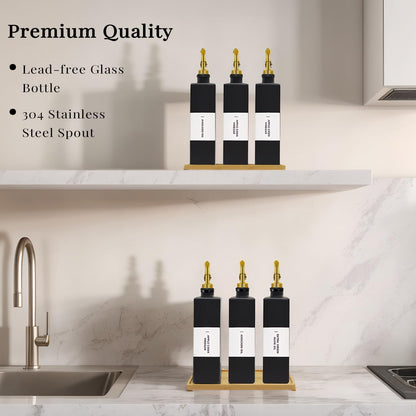 Olive Oil Dispenser Bottle for Kitchen with Bamboo Tray- 16.9oz Glass Oil and Vinegar Dispenser Set, Soy Sauce & Syrup Bottle, Modern Hostess Gift (Green, Set of 2)