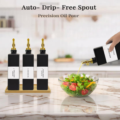 Olive Oil Dispenser Bottle for Kitchen with Bamboo Tray- 16.9oz Glass Oil and Vinegar Dispenser Set, Soy Sauce & Syrup Bottle, Modern Hostess Gift (Green, Set of 2)