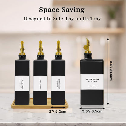 Olive Oil Dispenser Bottle for Kitchen with Bamboo Tray- 16.9oz Glass Oil and Vinegar Dispenser Set, Soy Sauce & Syrup Bottle, Modern Hostess Gift (Green, Set of 2)