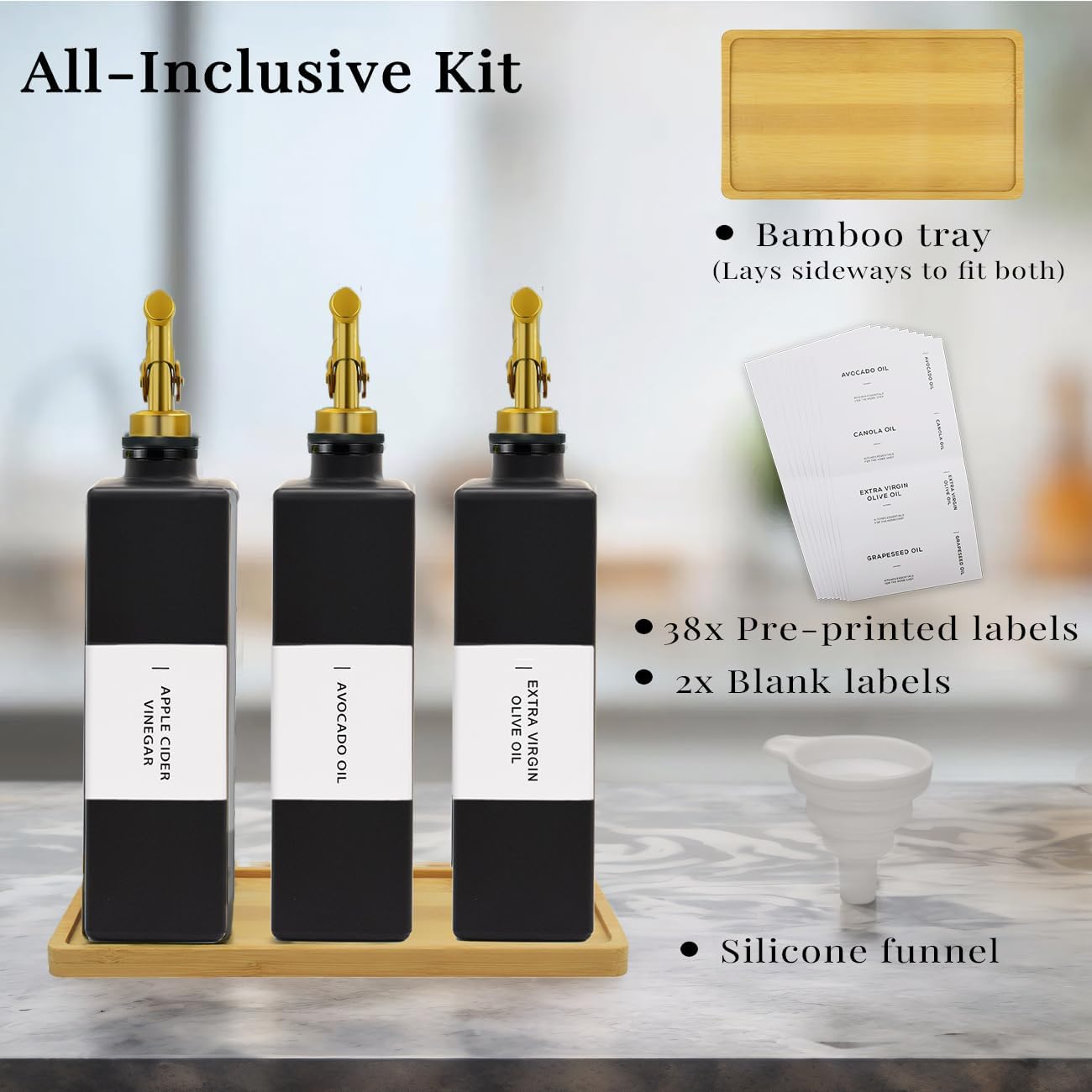 Olive Oil Dispenser Bottle for Kitchen with Bamboo Tray- 16.9oz Glass Oil and Vinegar Dispenser Set, Soy Sauce & Syrup Bottle, Modern Hostess Gift (Green, Set of 2)