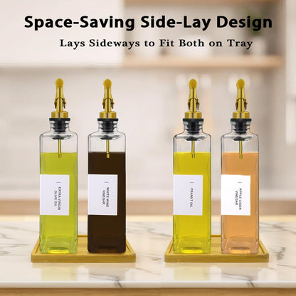 Olive Oil Dispenser Bottle for Kitchen with Bamboo Tray- 16.9oz Glass Oil and Vinegar Dispenser Set, Soy Sauce & Syrup Bottle, Modern Hostess Gift (Green, Set of 2)