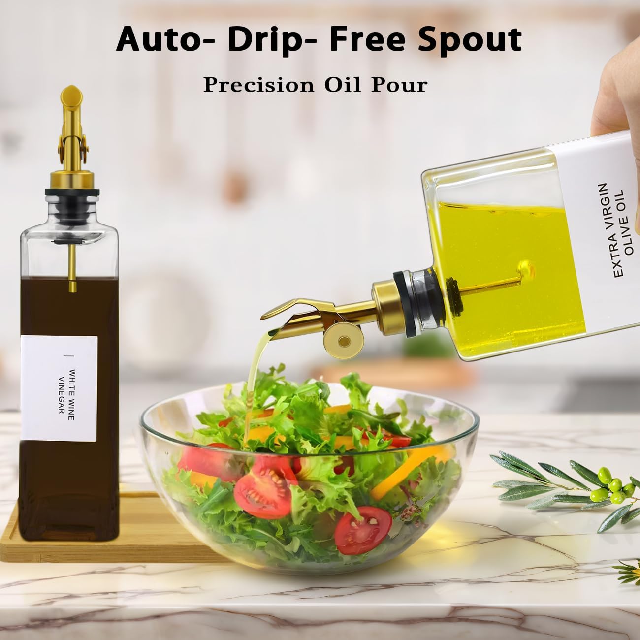 Olive Oil Dispenser Bottle for Kitchen with Bamboo Tray- 16.9oz Glass Oil and Vinegar Dispenser Set, Soy Sauce & Syrup Bottle, Modern Hostess Gift (Green, Set of 2)