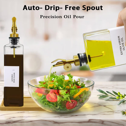 Olive Oil Dispenser Bottle for Kitchen with Bamboo Tray- 16.9oz Glass Oil and Vinegar Dispenser Set, Soy Sauce & Syrup Bottle, Modern Hostess Gift (Green, Set of 2)