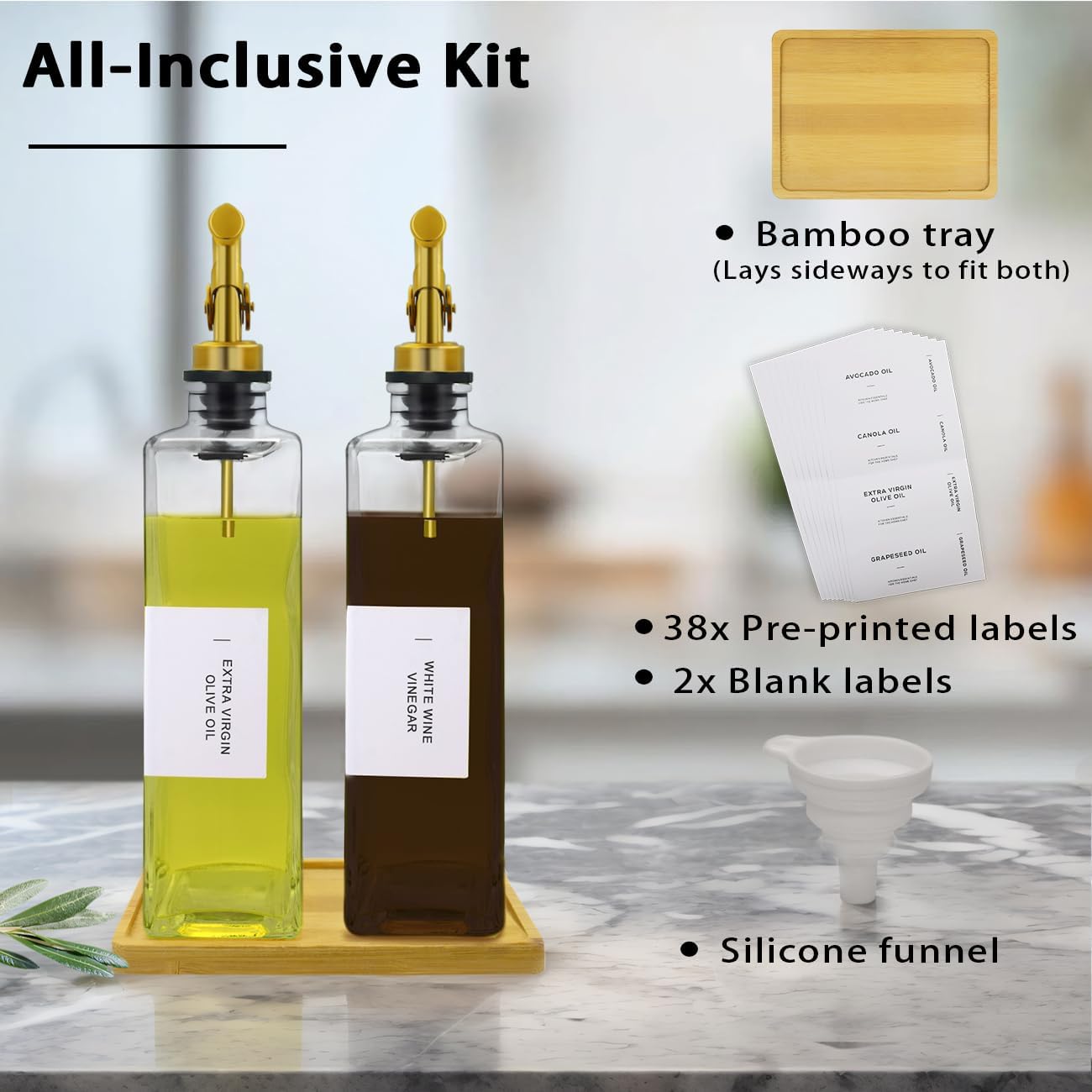 Olive Oil Dispenser Bottle for Kitchen with Bamboo Tray- 16.9oz Glass Oil and Vinegar Dispenser Set, Soy Sauce & Syrup Bottle, Modern Hostess Gift (Green, Set of 2)